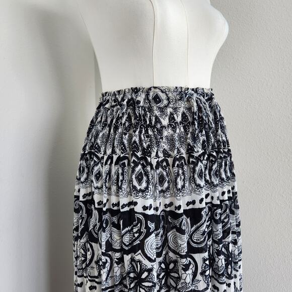 Vintage 90s Black White Paisley Print Tiered Boho Prairie Midi Skirt L - Picture 3 of 9